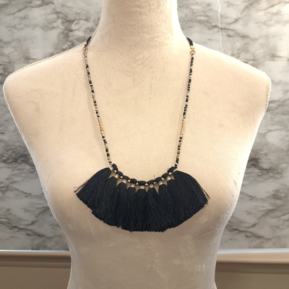 Handmade Women's Silver/Gold/Black Tassel Cord Necklace Little Beads 14.5 Inches